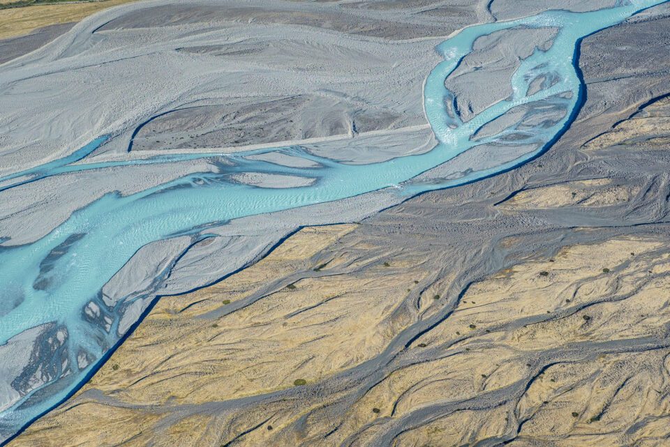 Glacial river, New Zealand. This aerial image was slightly cropped to make it into a diagonal composition.