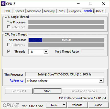 Surface-Book 2, perte de vitesse du CPU avec charge multi-threads, CPU-Z
